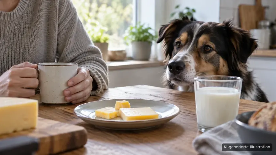 Mensch und Hund am Küchentisch mit Käse, Milch und Brot