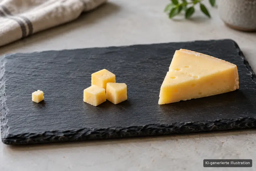 Eine winzige Käseportion, mehrere Würfel und ein großes Stück Käse nebeneinander
